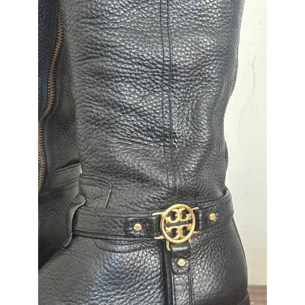 Tory Burch Women's Black Leather Knee High Riding Boots Gold Logo Size 8.5 M